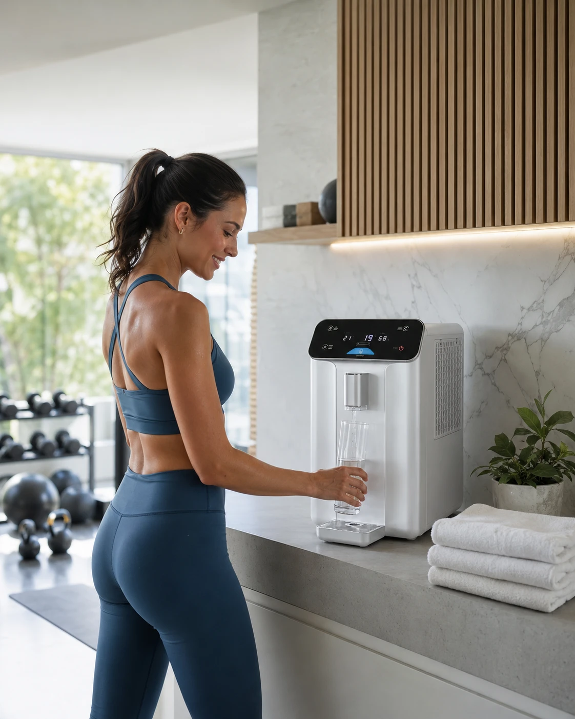 A woman in activewear filling a glass with clean Forever Water A10 water at a home gym