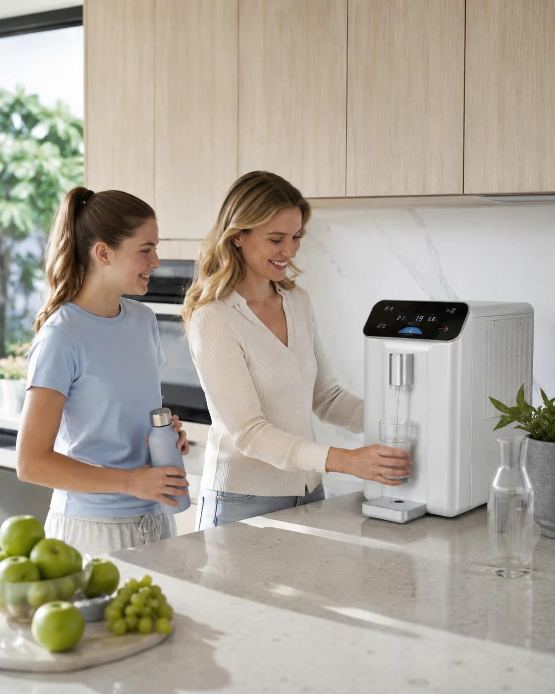 A mother and daughter filling a glass with clean water from a Forever Water A10 in a modern kitchen