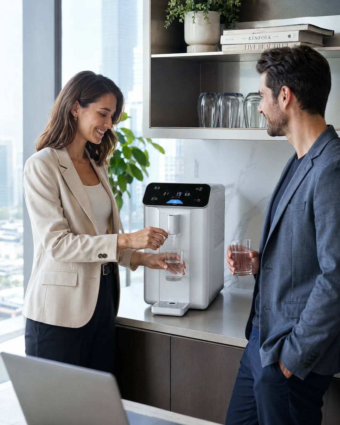 Colleagues filling glasses with clean water from a Forever Water A10 in a modern office — no bottled water