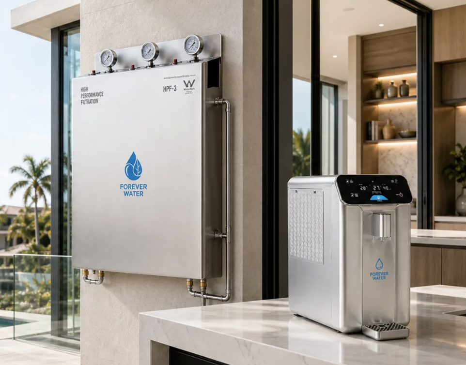 Forever Water HPF-3 whole-house filter and A10 in a luxury kitchen
