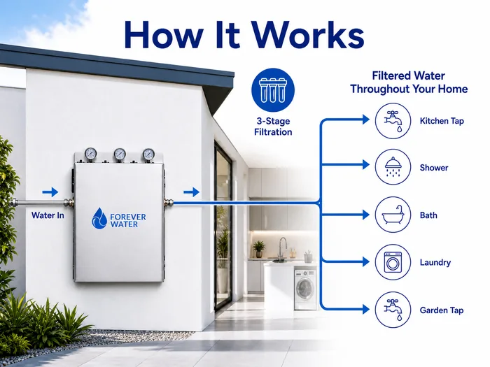 How the HPF-3 works: water in through 3-stage filtration, then filtered water to the kitchen tap, shower, bath, laundry and garden tap